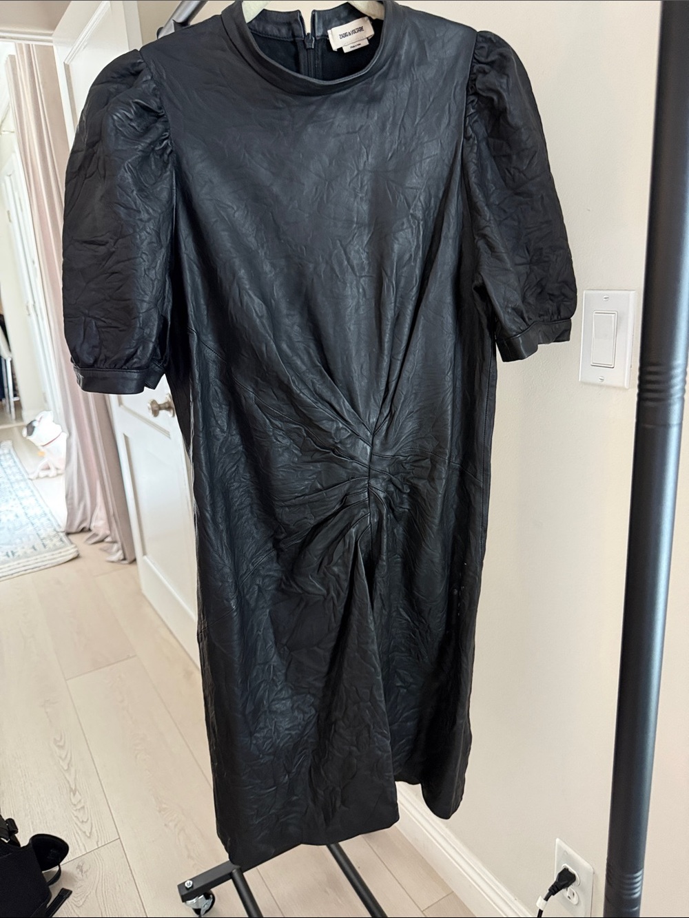 Zadig & Voltaire Black- Leather Puff-Sleeve Midi Dress